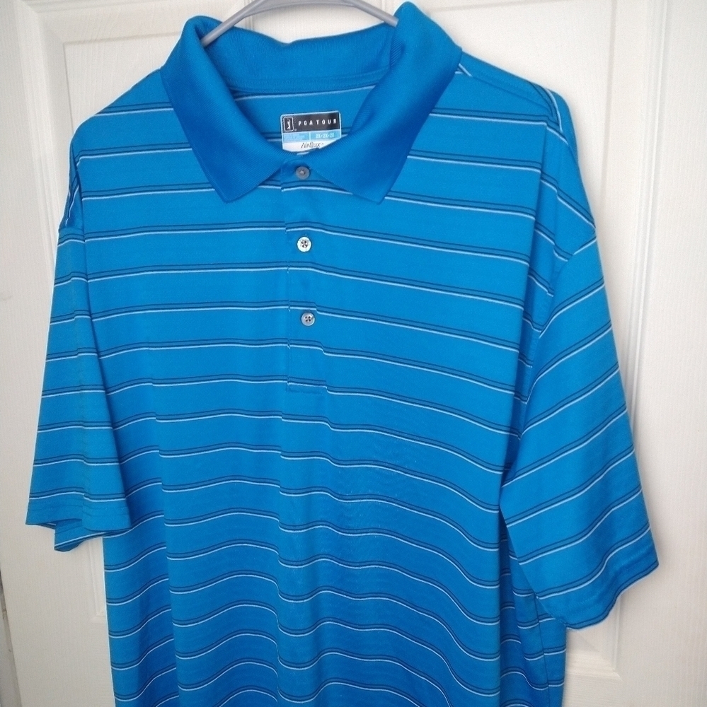 Pga tour airflux men's blue black white striped polo shirt. Size 2X